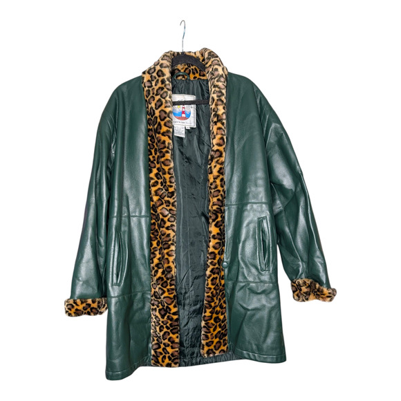 Womens Green Faux Leather Coat Leopard Print Faux Fur Trim Size Medium Vtg - Picture 2 of 5